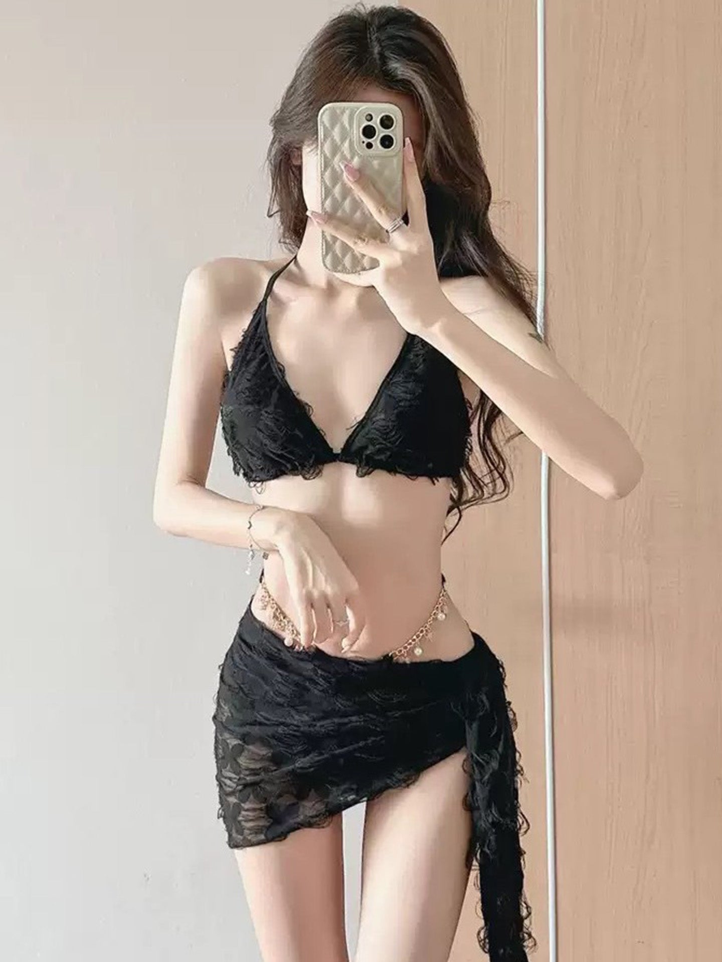 Women's Sexy 3 Piece Bikini Set with Feather Trim