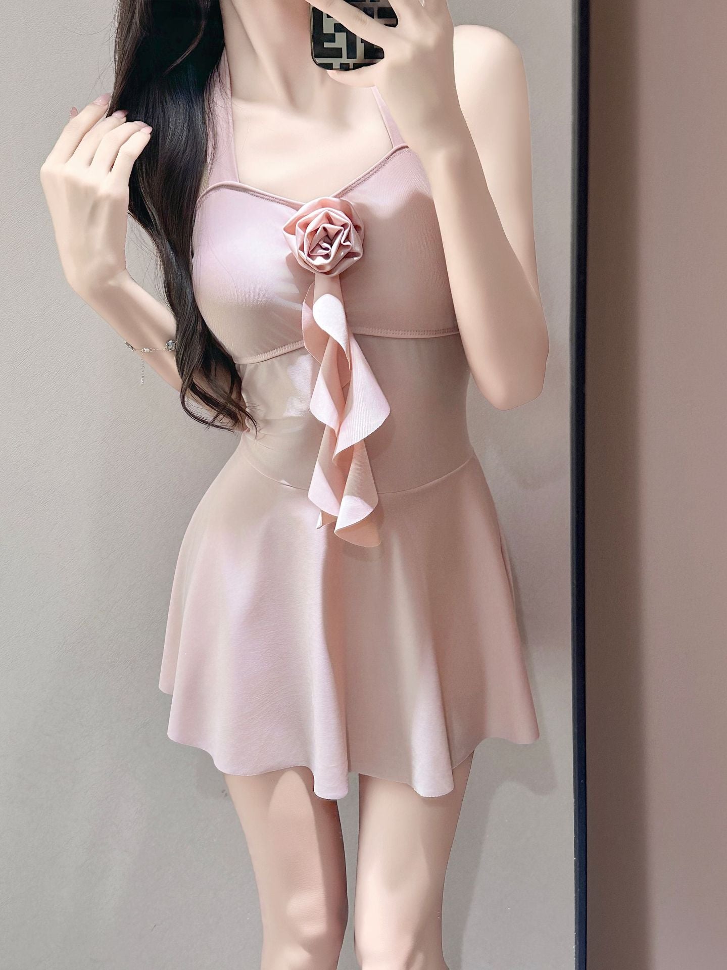 Halter Skirted One-Piece Swimsuit Tie Side Sarong Swimdress