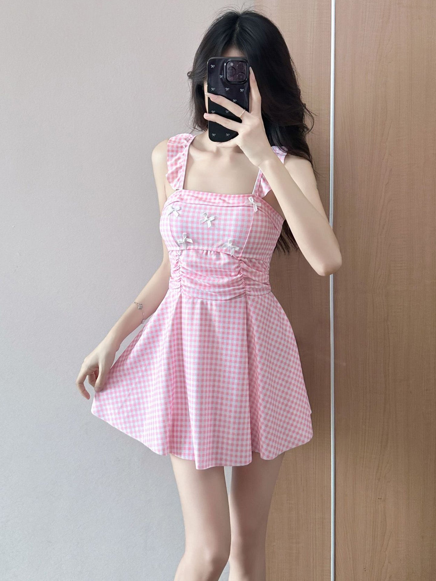 Bow Tie One-Piece Swimdress Sweet Flutter Sleeve Swimsuit