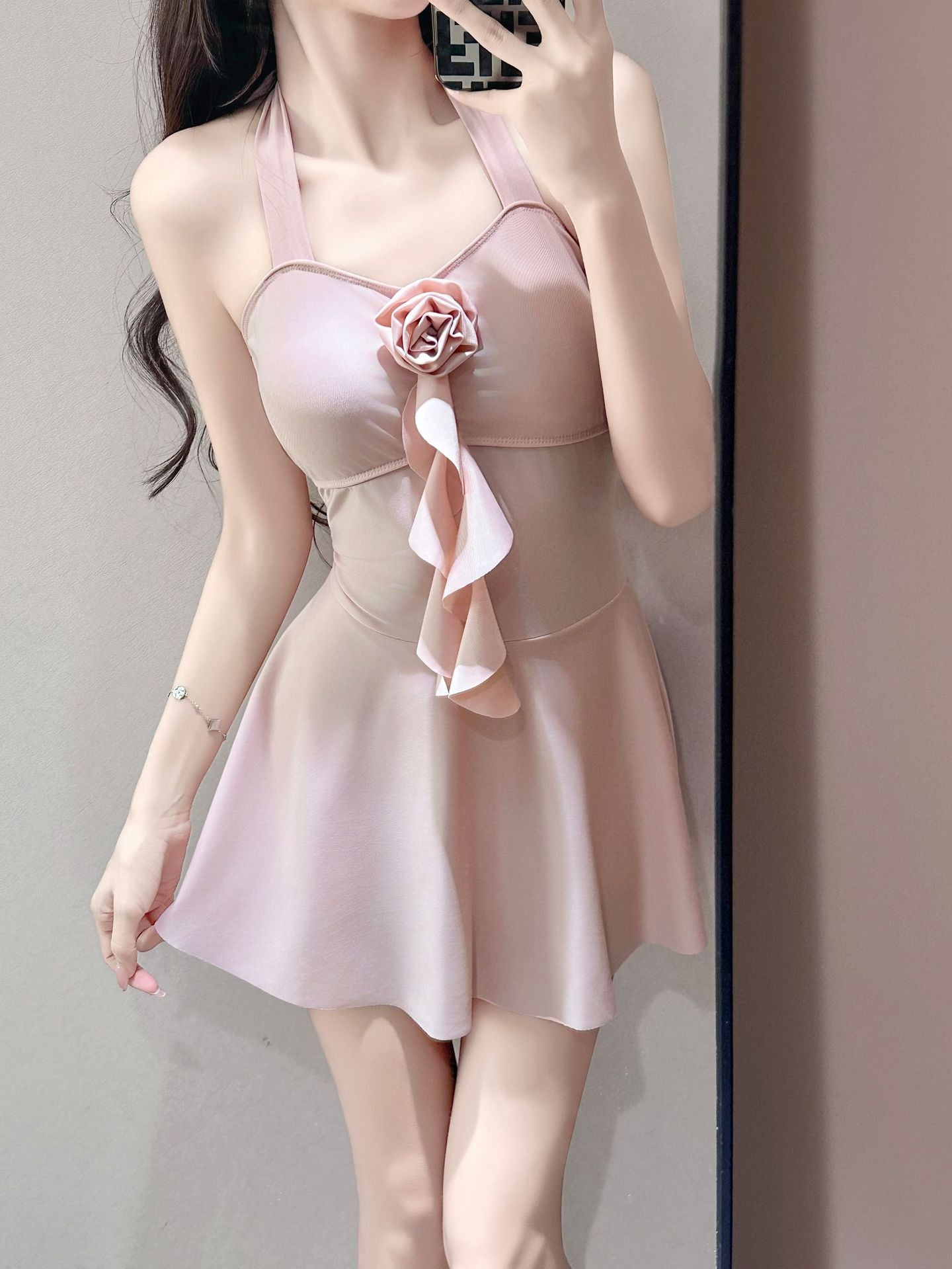 Halter Skirted One-Piece Swimsuit Tie Side Sarong Swimdress