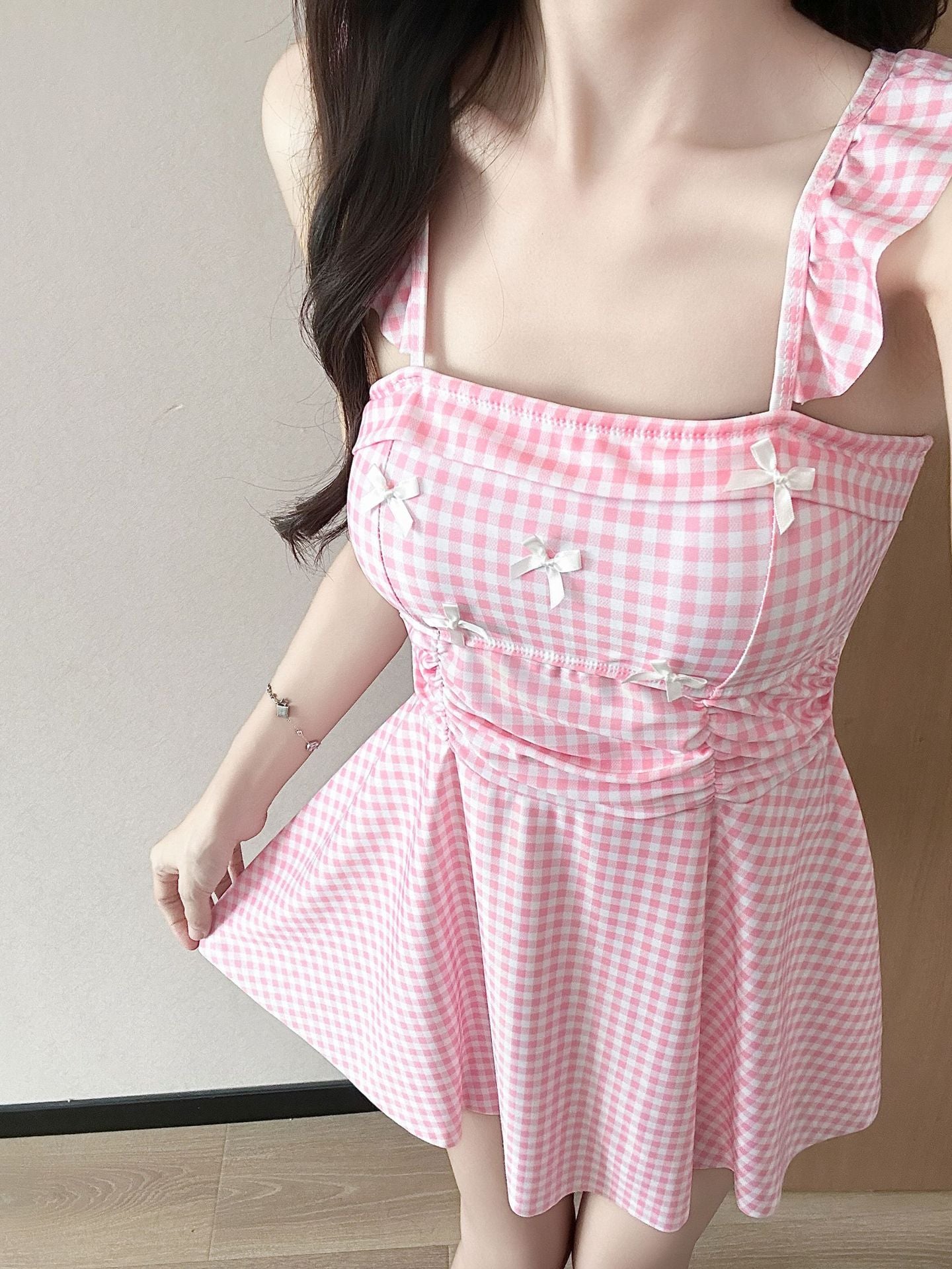 Bow Tie One-Piece Swimdress Sweet Flutter Sleeve Swimsuit