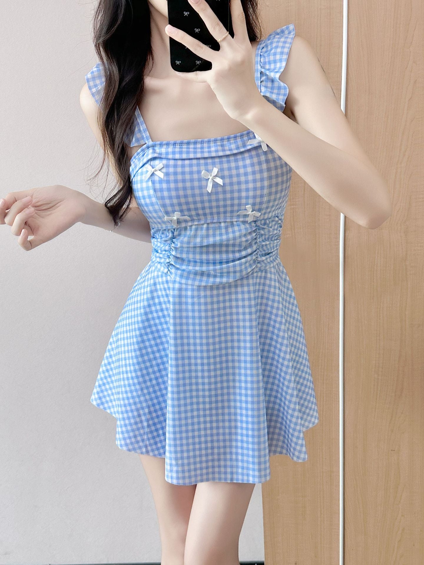 Bow Tie One-Piece Swimdress Sweet Flutter Sleeve Swimsuit