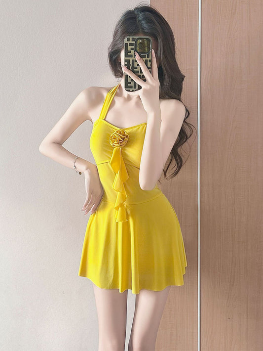 Halter Skirted One-Piece Swimsuit Tie Side Sarong Swimdress