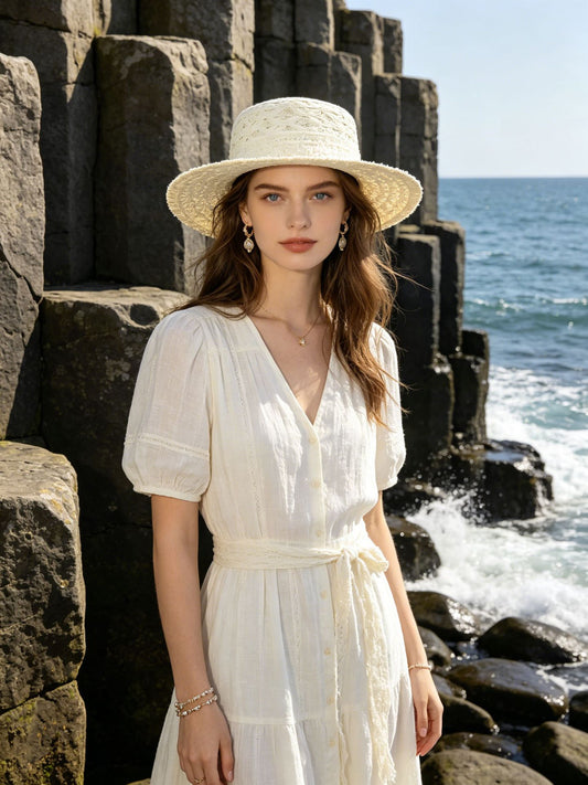 French Wide Brim Straw Hat for Women with Oversized Bow