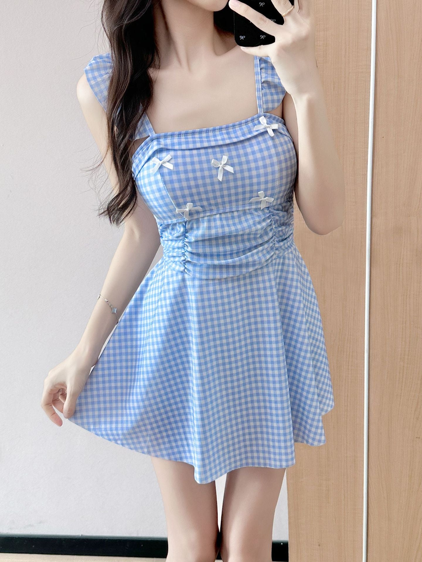 Bow Tie One-Piece Swimdress Sweet Flutter Sleeve Swimsuit