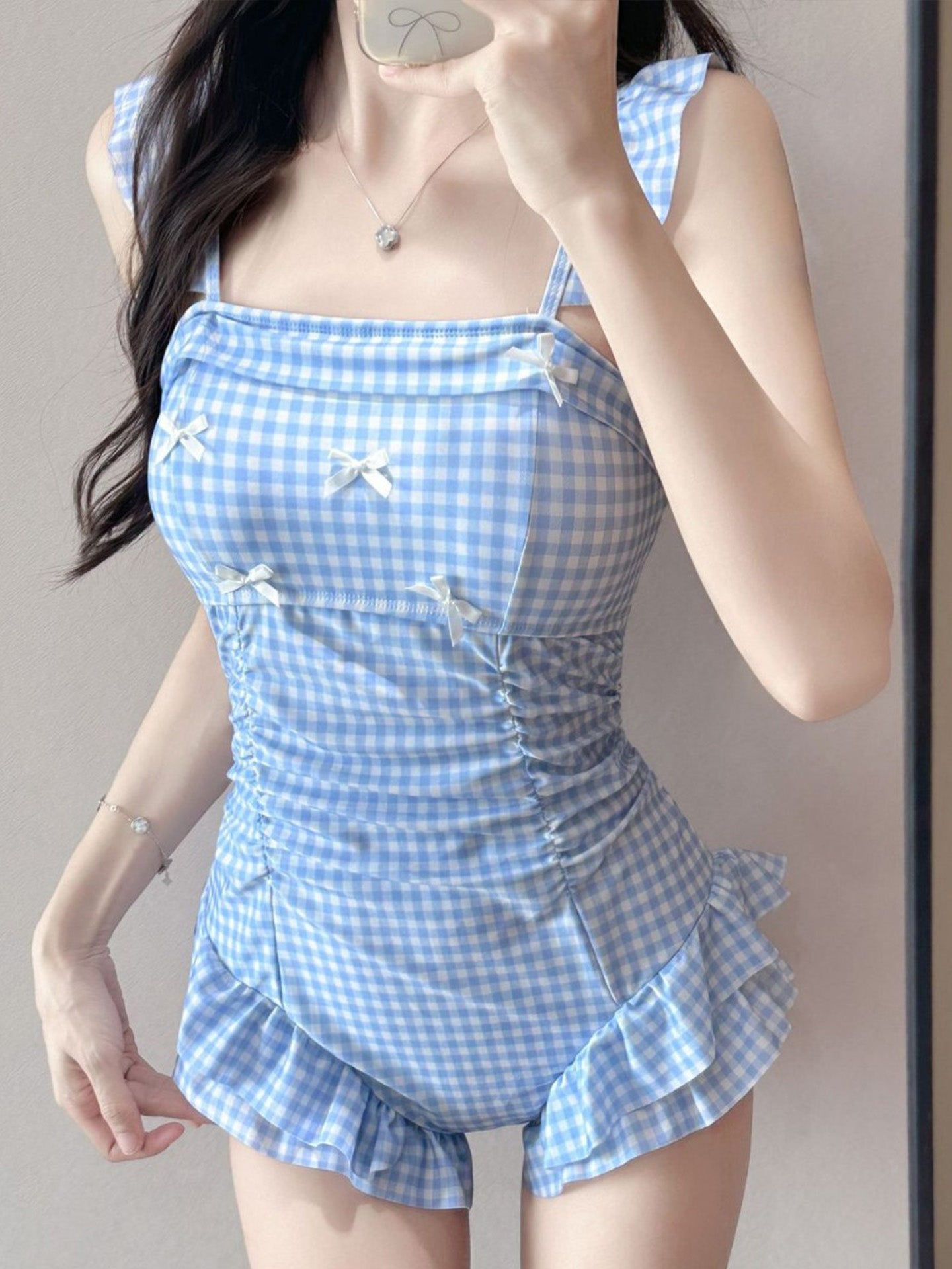 Checkered One-Piece Swimsuit Sweet Plaid Spaghetti Strap Swimwear