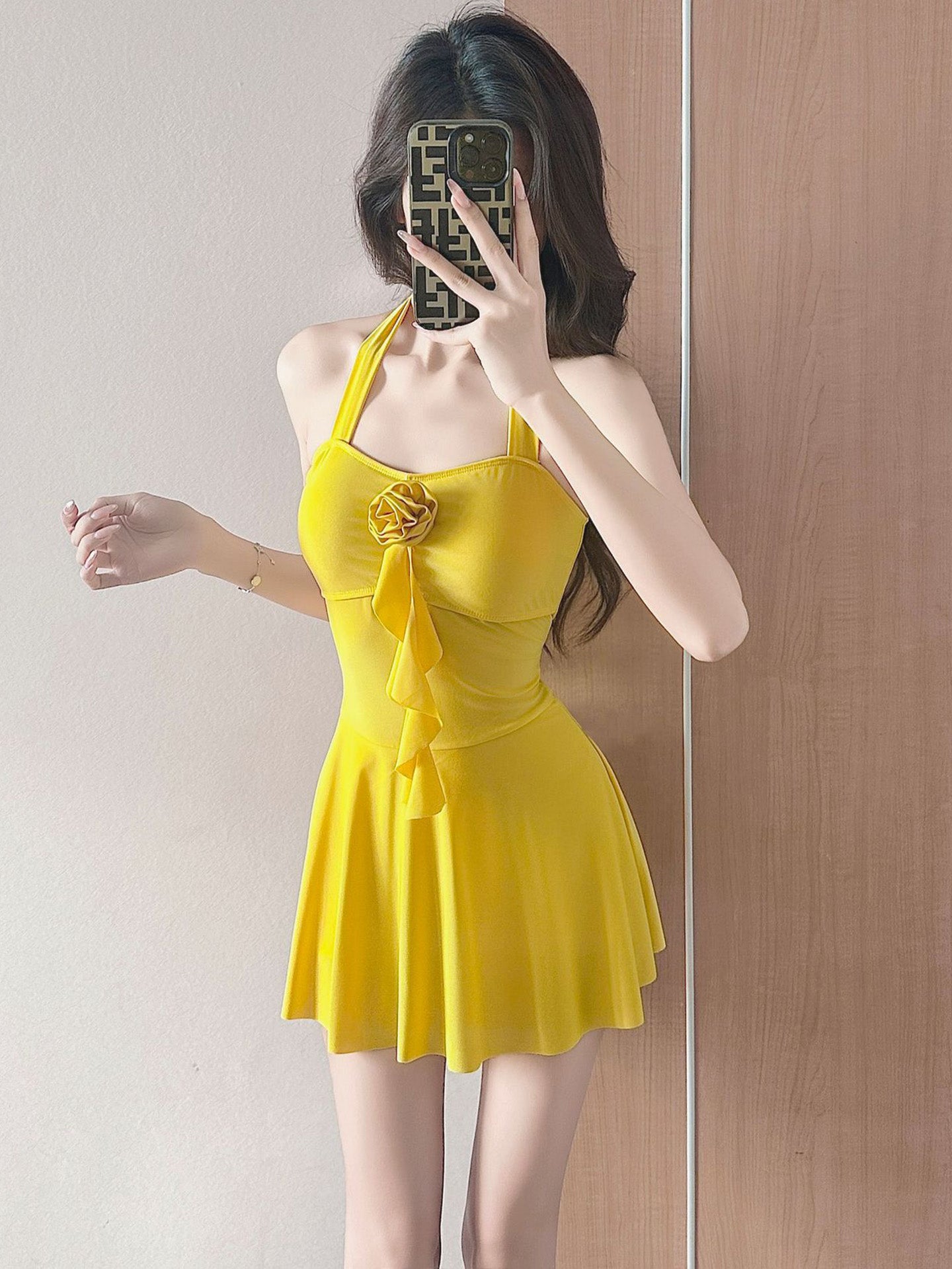Halter Skirted One-Piece Swimsuit Tie Side Sarong Swimdress