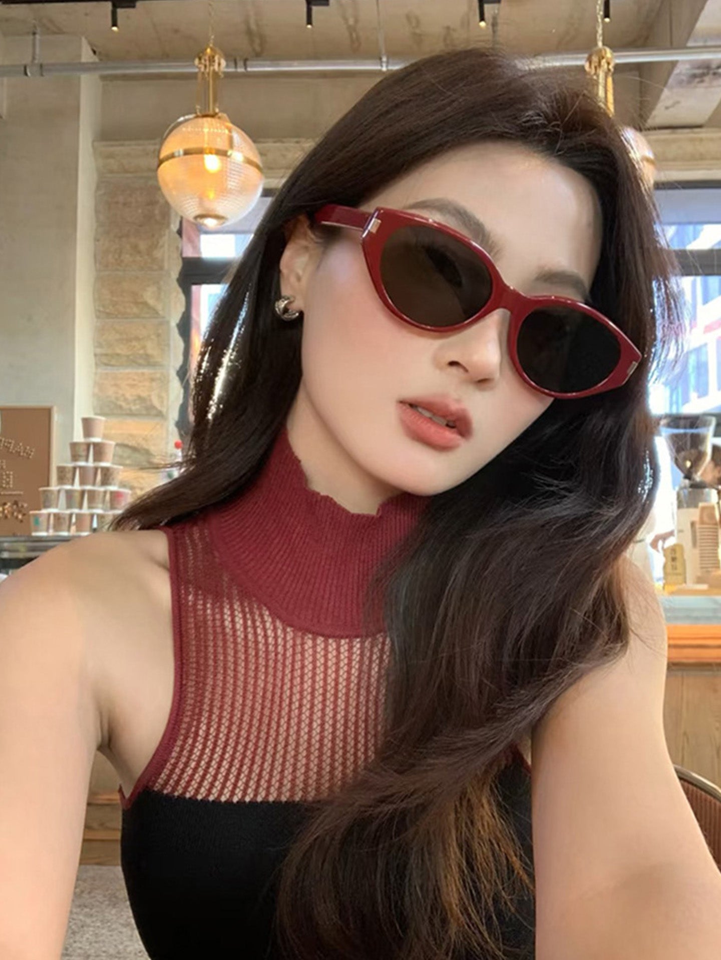 Retro Red Narrow Frame Sunglasses for Women