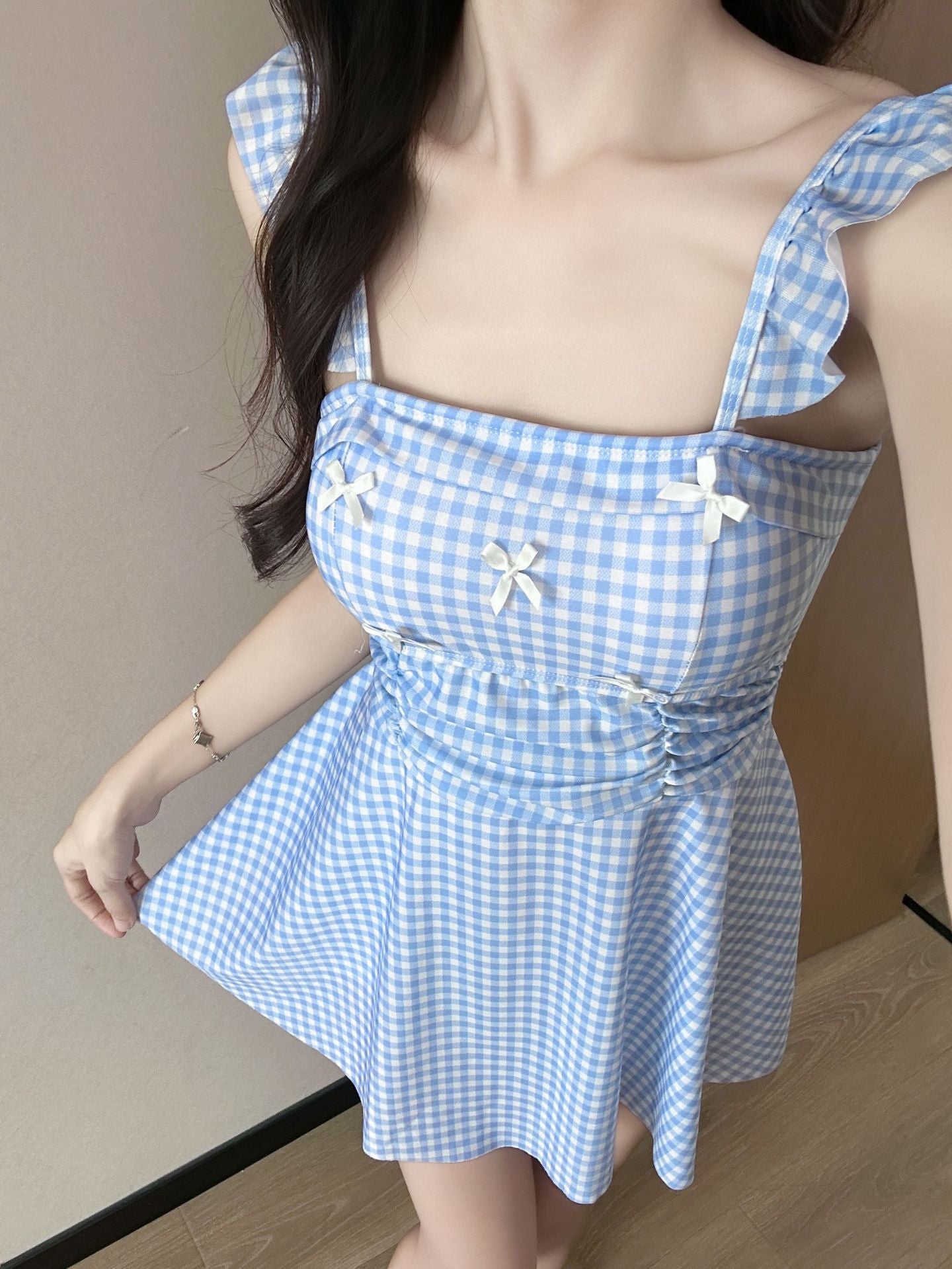 Bow Tie One-Piece Swimdress Sweet Flutter Sleeve Swimsuit