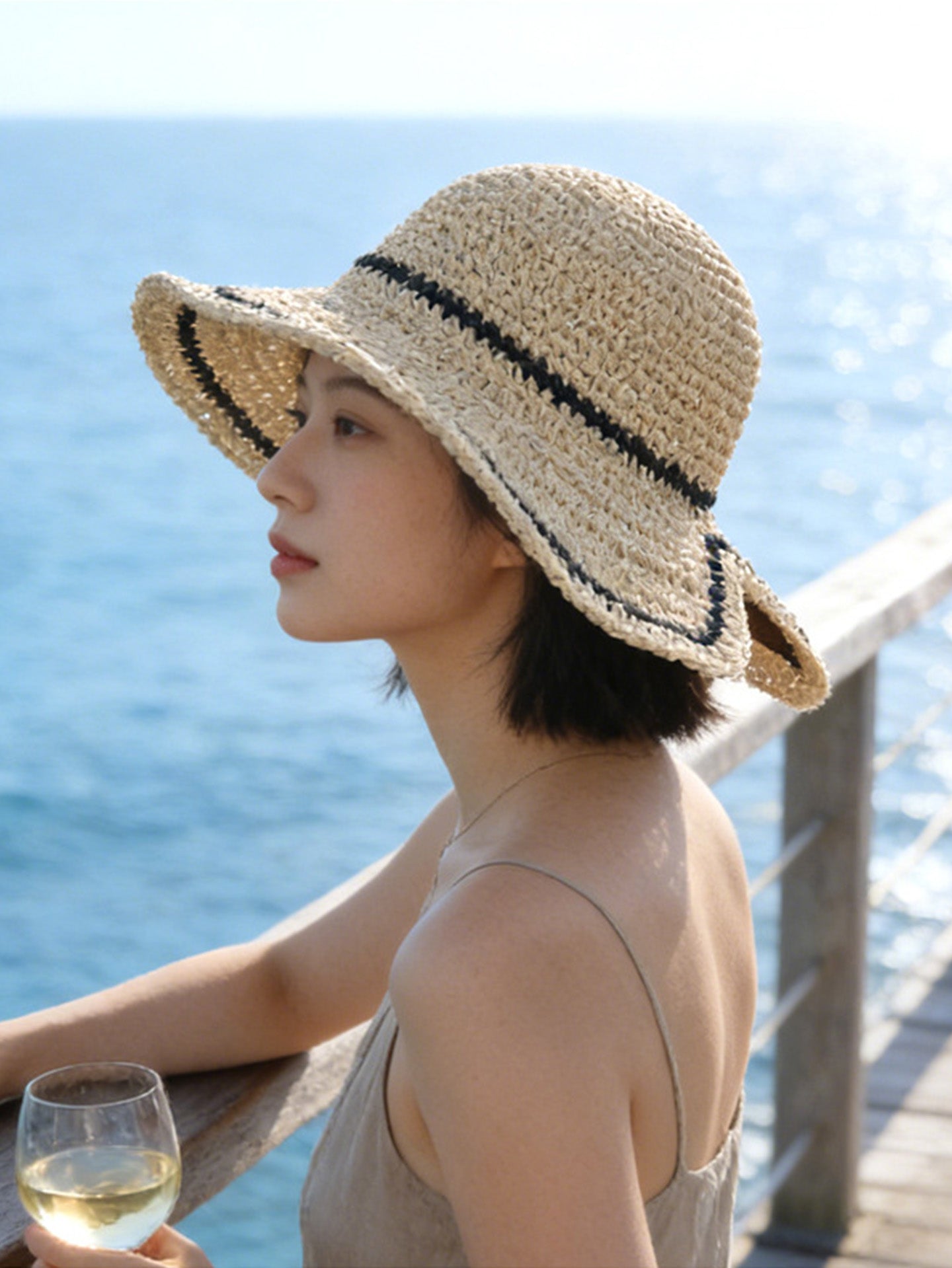 Women's Straw Knit Bucket Hat Breathable Crochet Fisherman Sun Hat