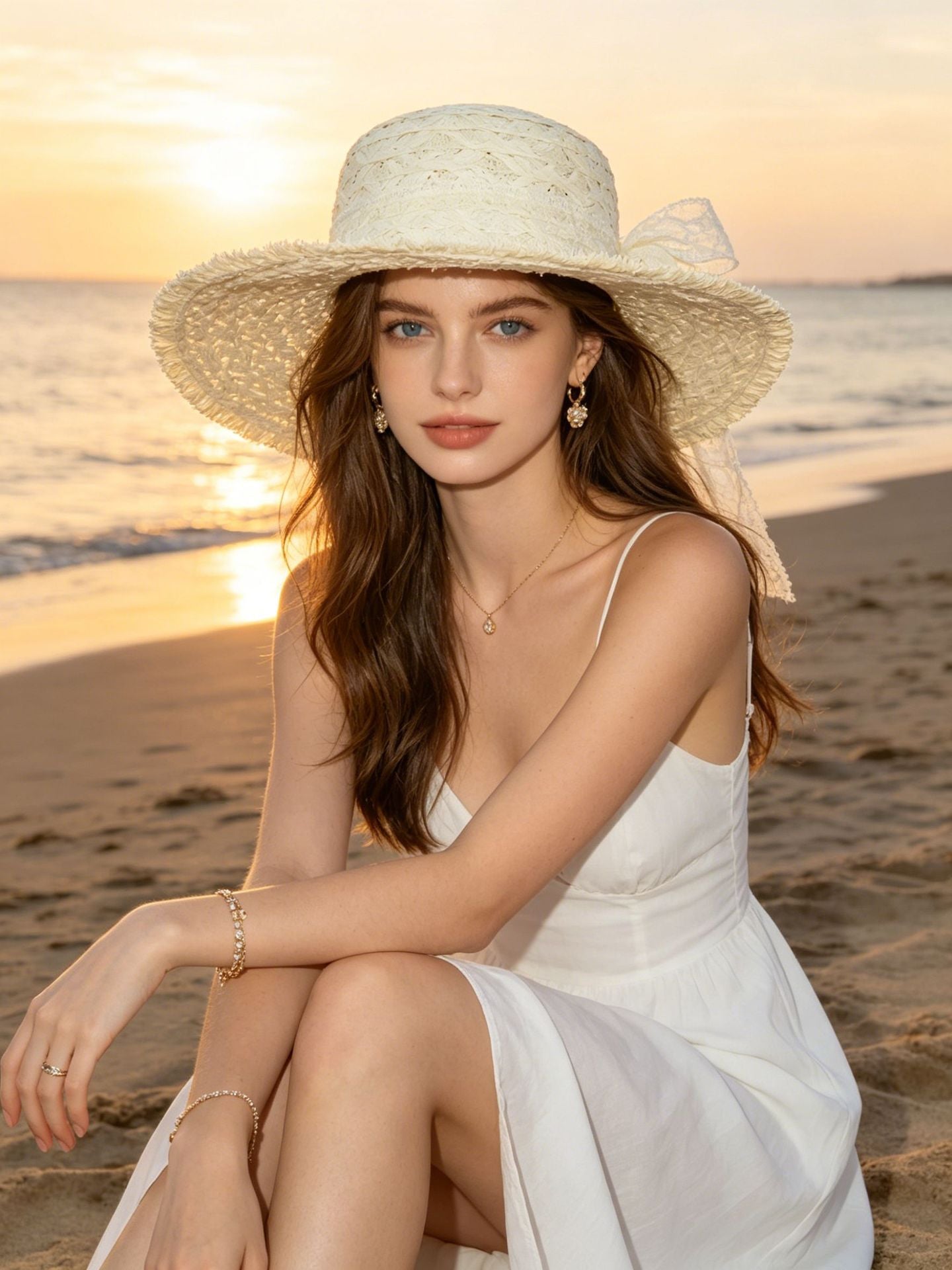French Wide Brim Straw Hat for Women with Oversized Bow