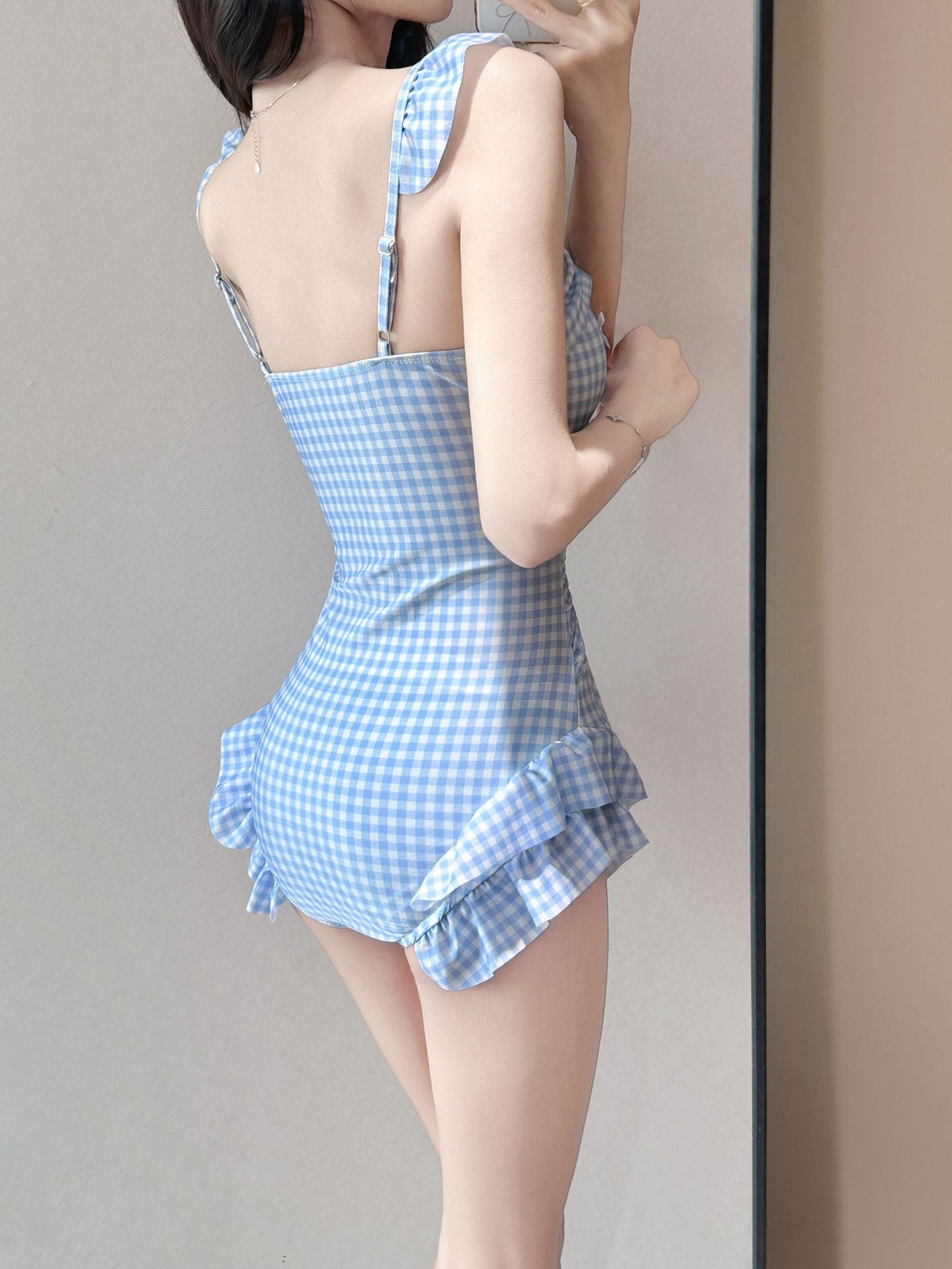 Checkered One-Piece Swimsuit Sweet Plaid Spaghetti Strap Swimwear