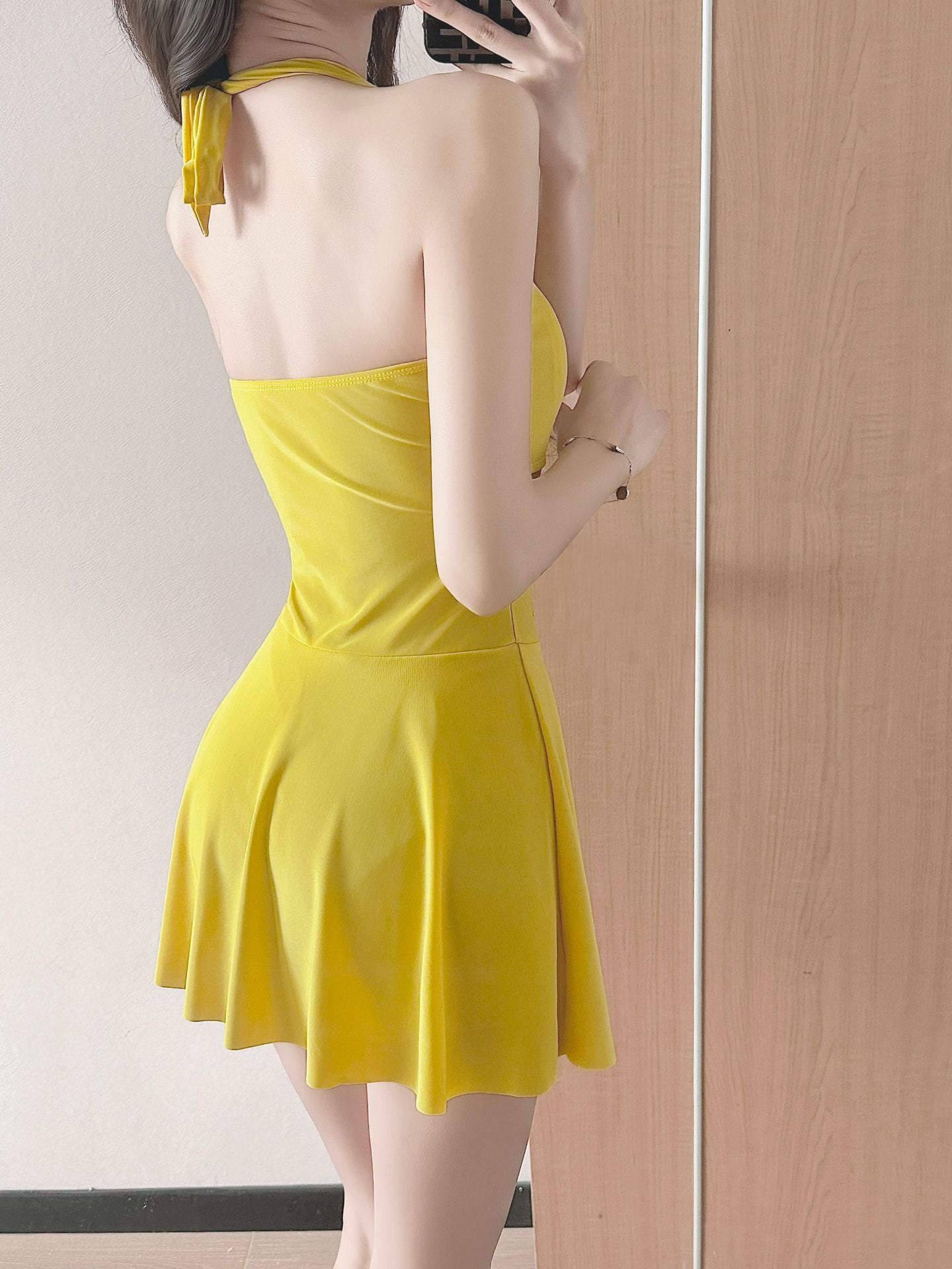Halter Skirted One-Piece Swimsuit Tie Side Sarong Swimdress