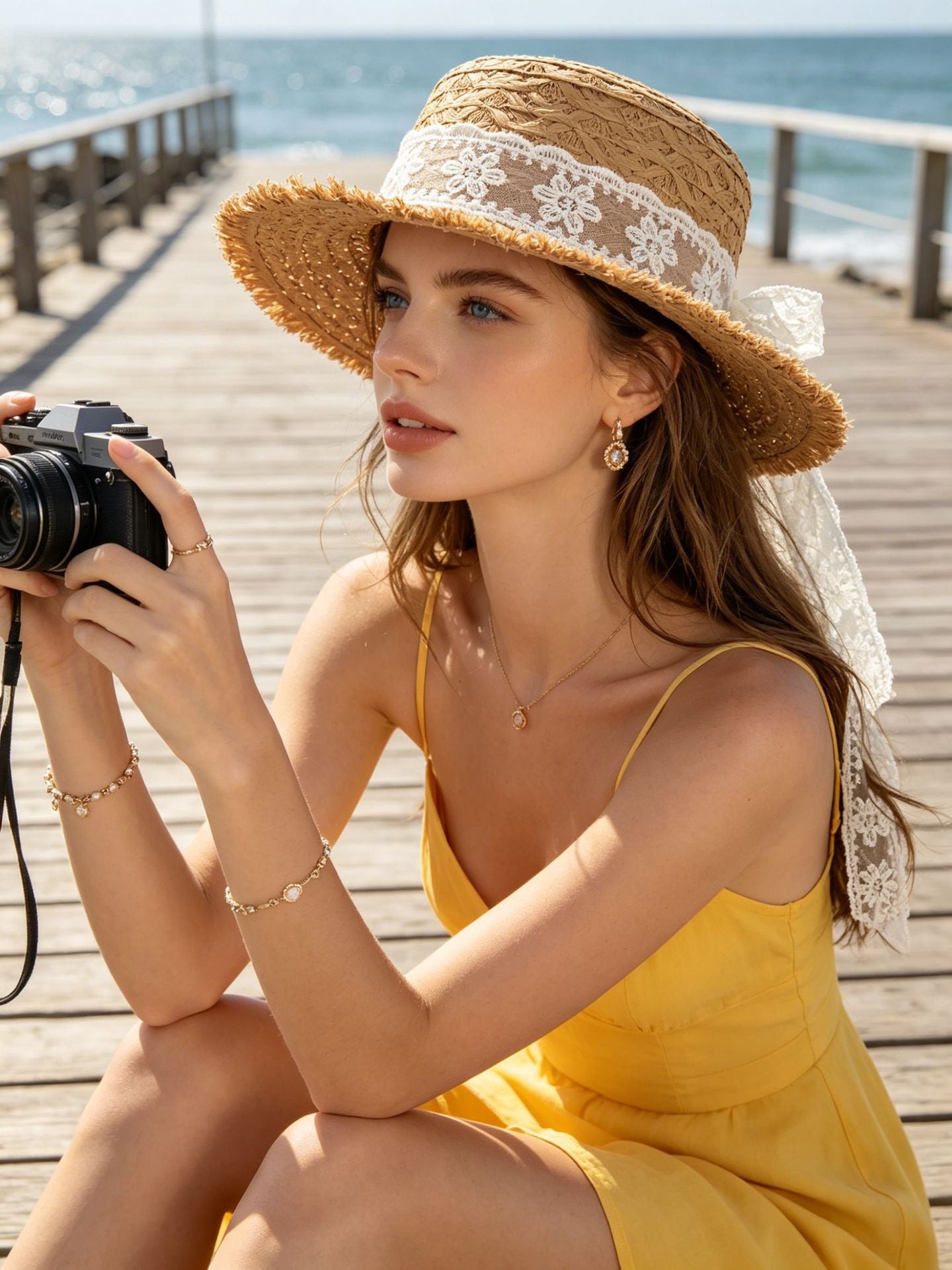French Wide Brim Straw Hat for Women with Oversized Bow