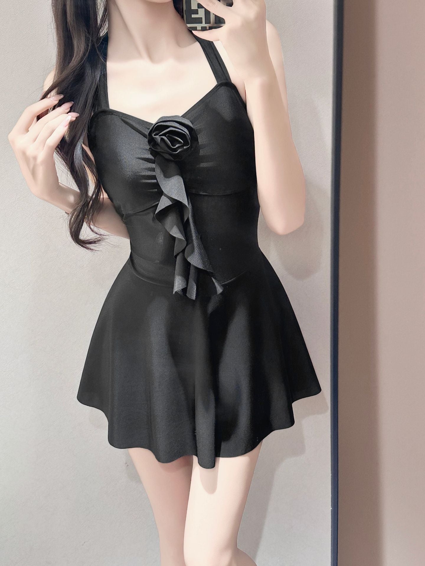Halter Skirted One-Piece Swimsuit Tie Side Sarong Swimdress