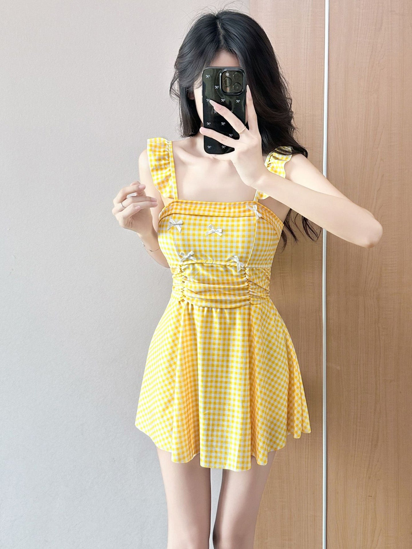 Bow Tie One-Piece Swimdress Sweet Flutter Sleeve Swimsuit