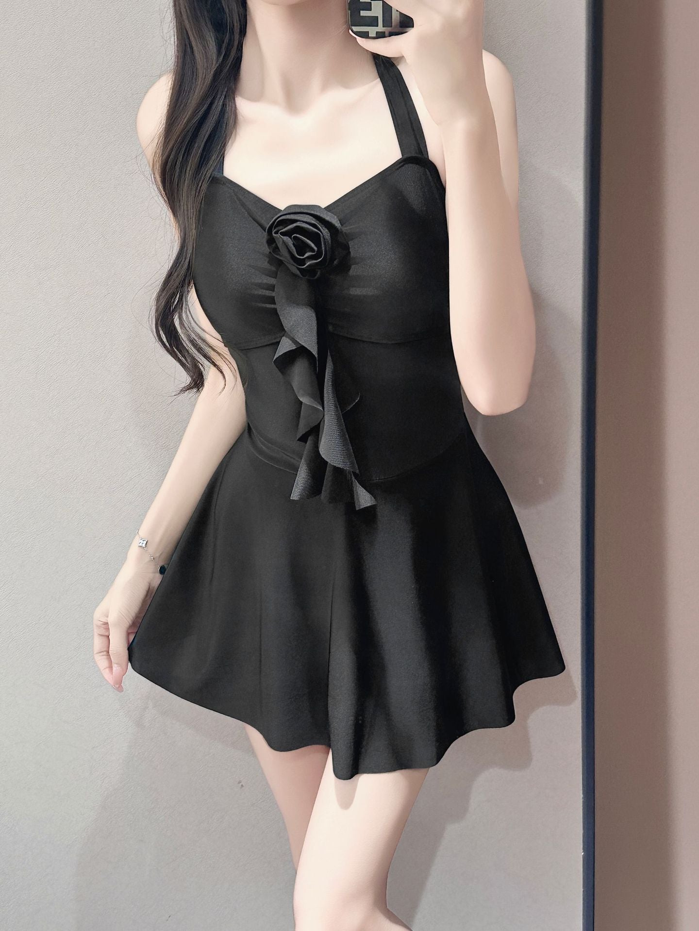 Halter Skirted One-Piece Swimsuit Tie Side Sarong Swimdress