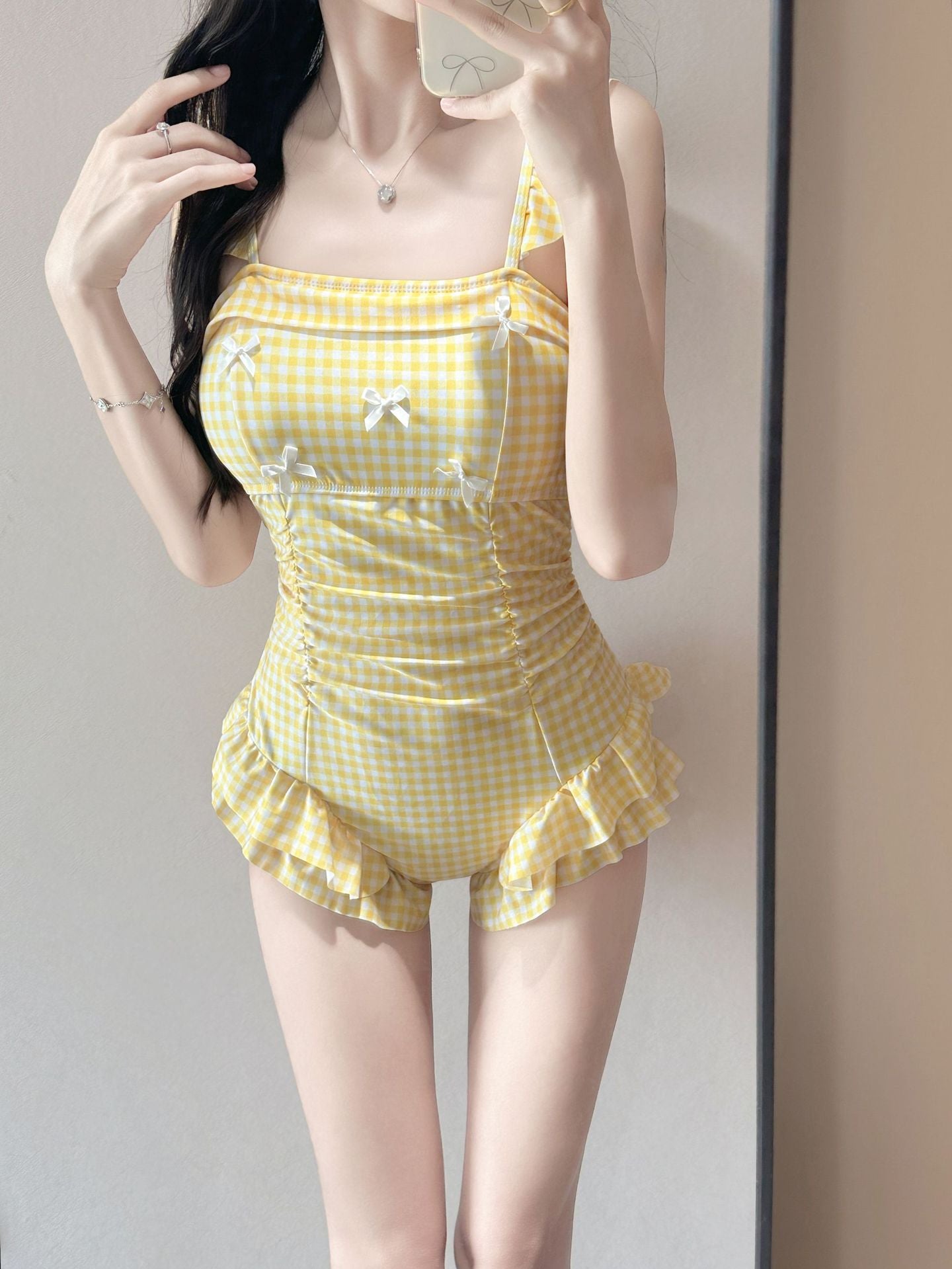 Checkered One-Piece Swimsuit Sweet Plaid Spaghetti Strap Swimwear