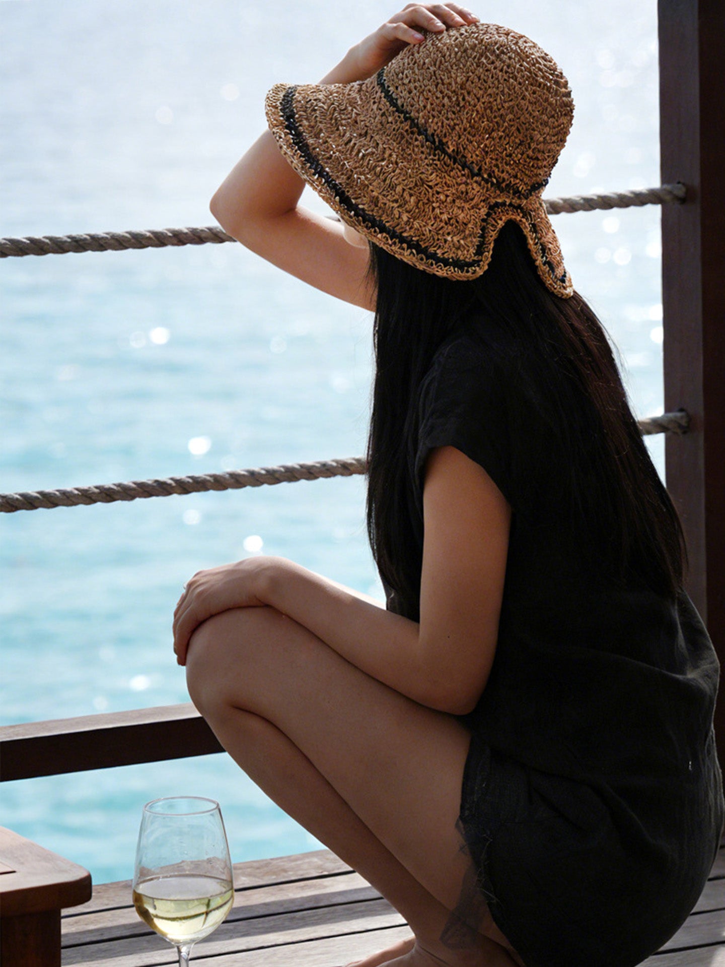 Women's Straw Knit Bucket Hat Breathable Crochet Fisherman Sun Hat
