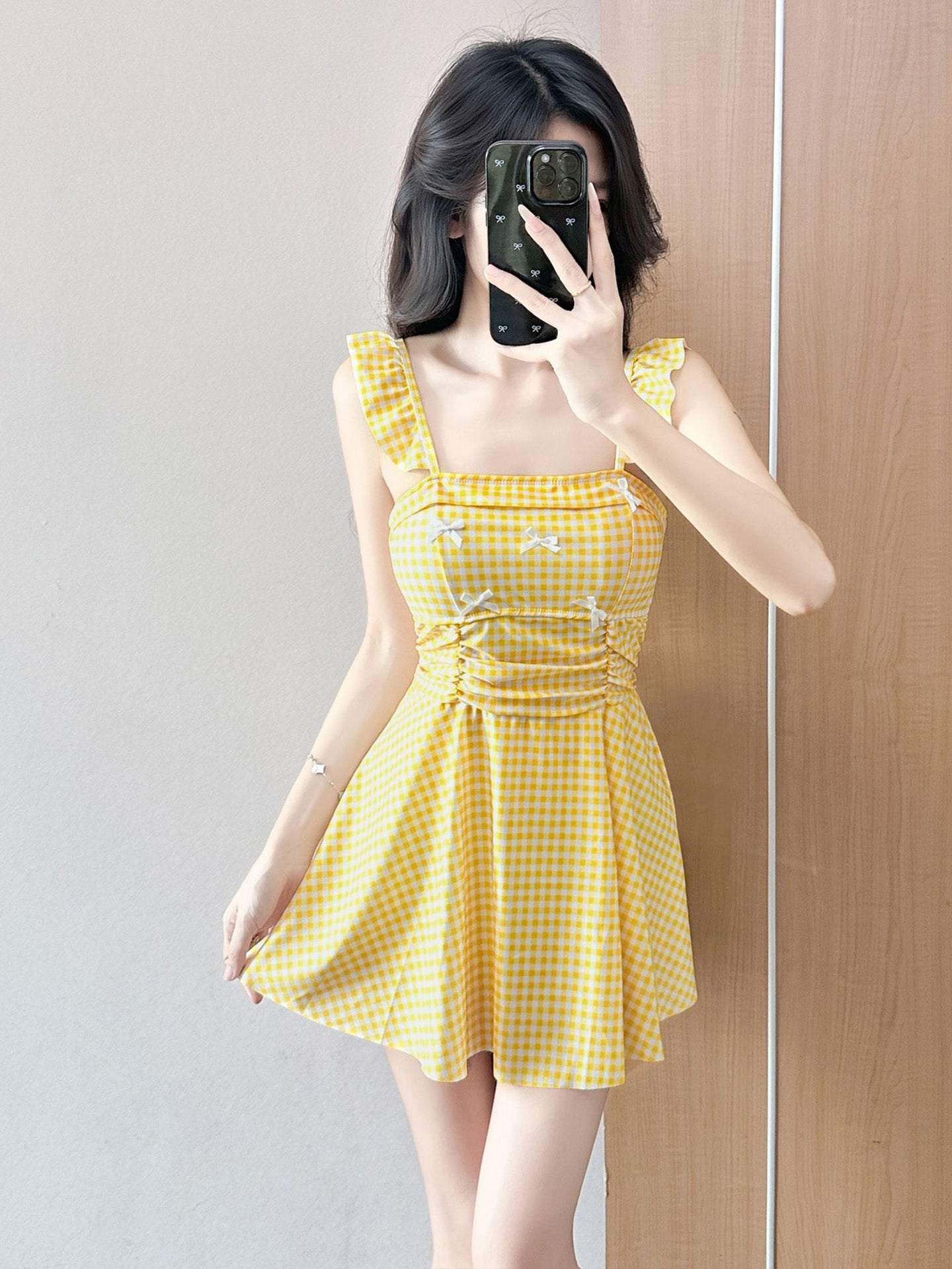Bow Tie One-Piece Swimdress Sweet Flutter Sleeve Swimsuit