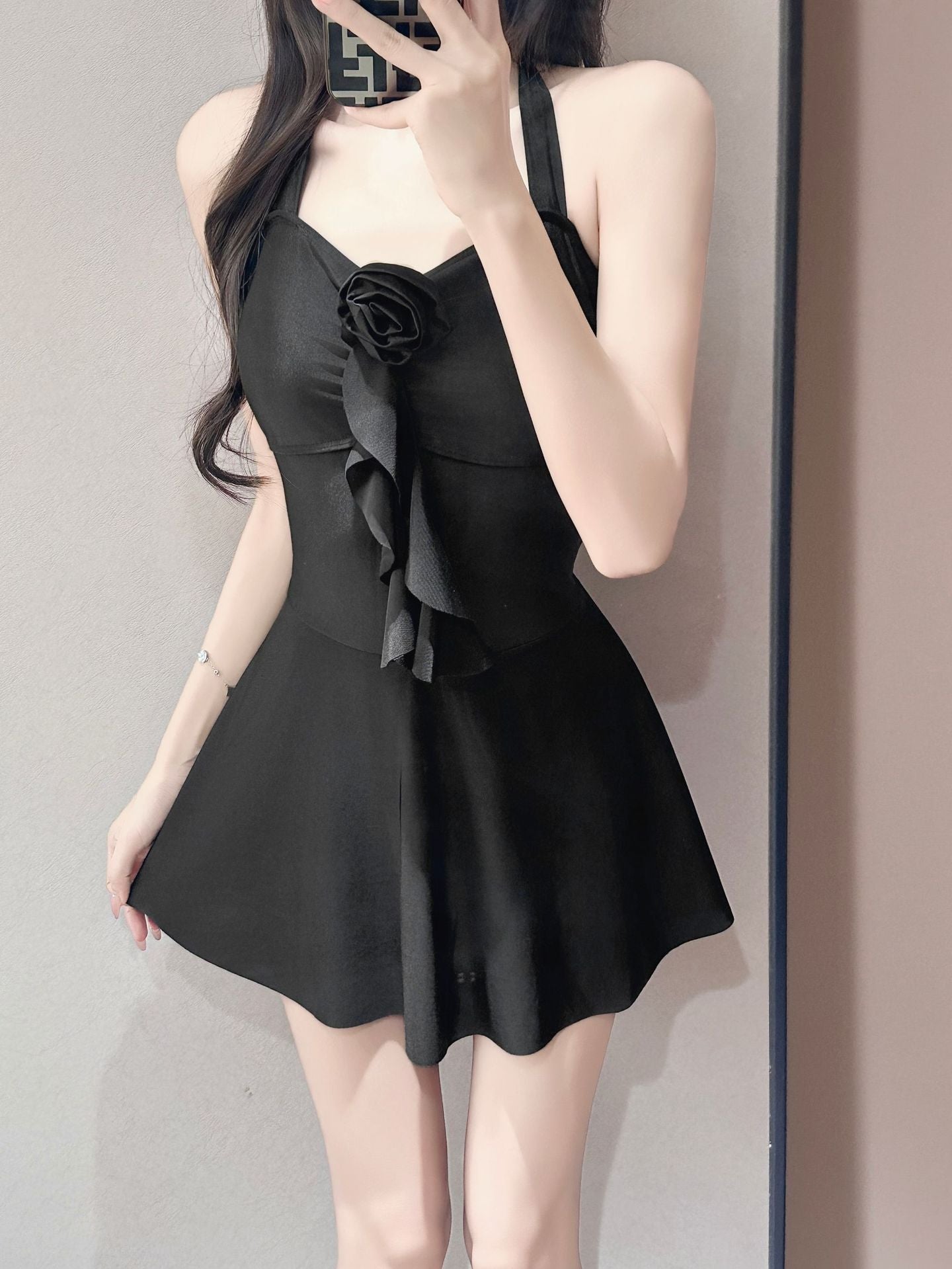 Halter Skirted One-Piece Swimsuit Tie Side Sarong Swimdress