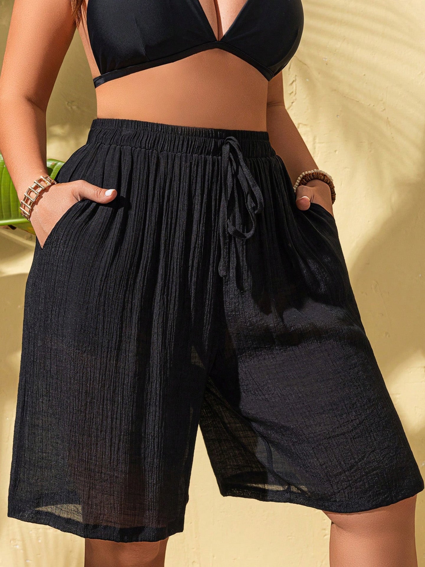 Women's Summer Cotton Shorts High Waist Elastic Waist Beach Shorts