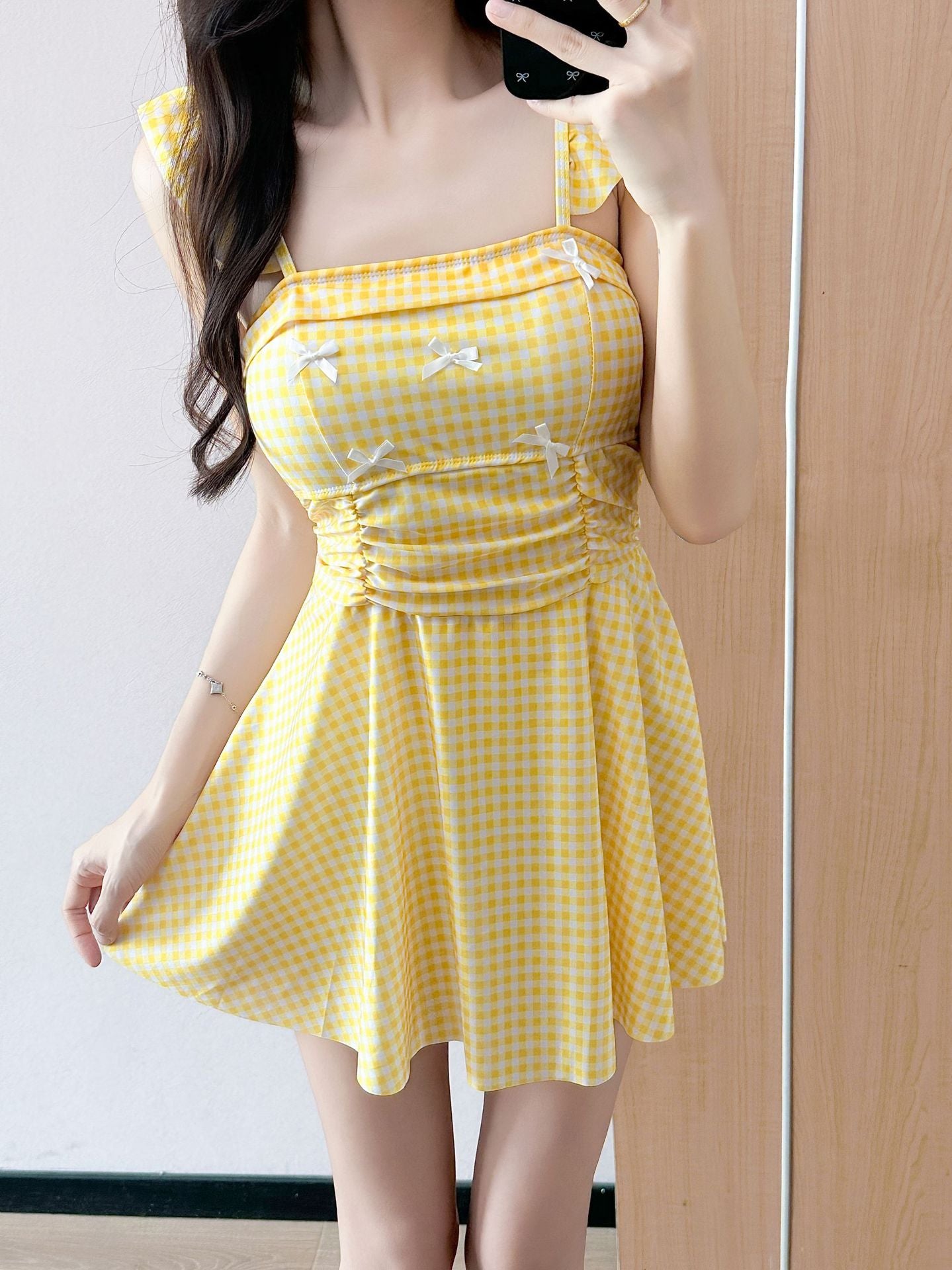 Bow Tie One-Piece Swimdress Sweet Flutter Sleeve Swimsuit