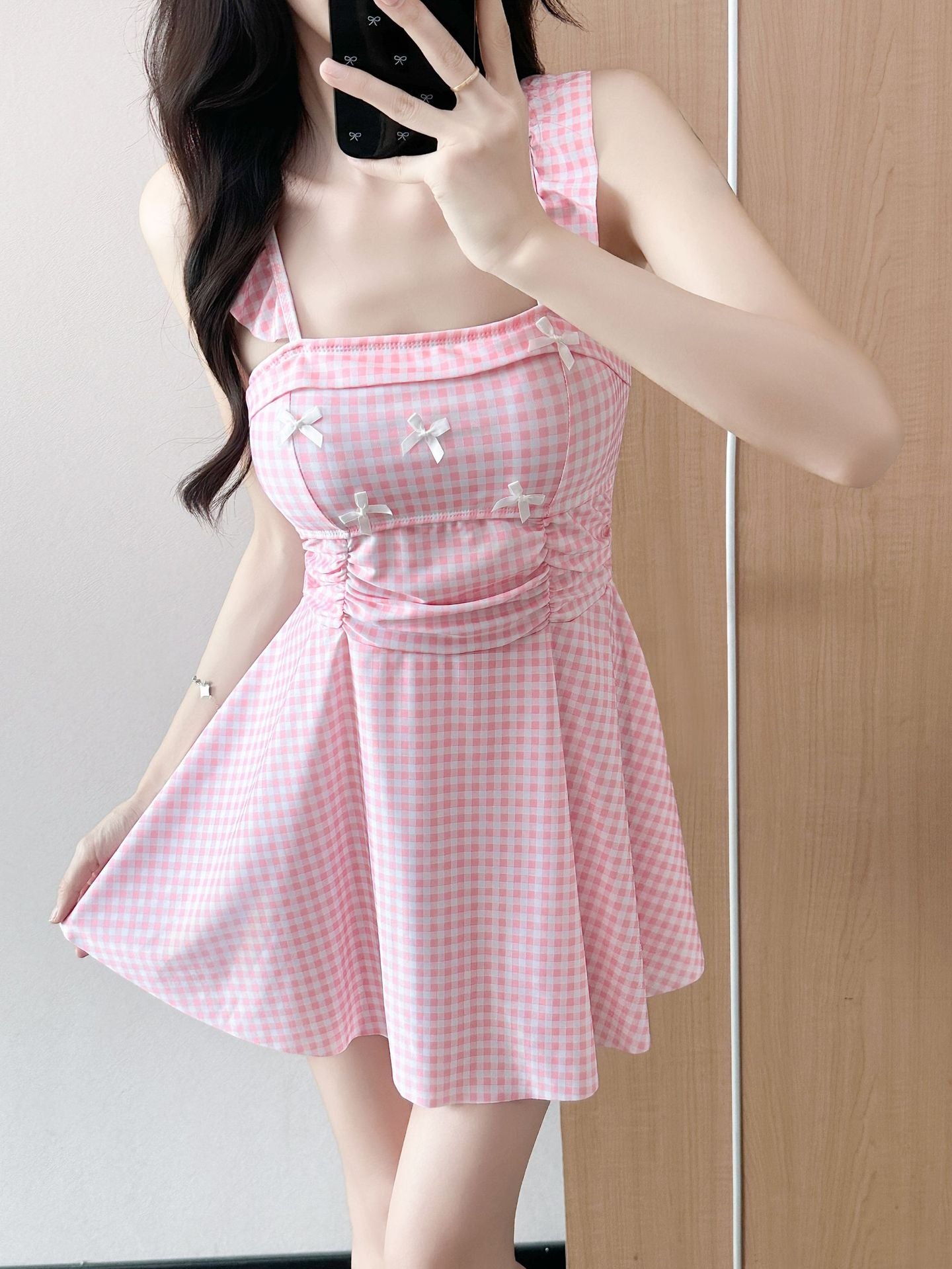 Bow Tie One-Piece Swimdress Sweet Flutter Sleeve Swimsuit